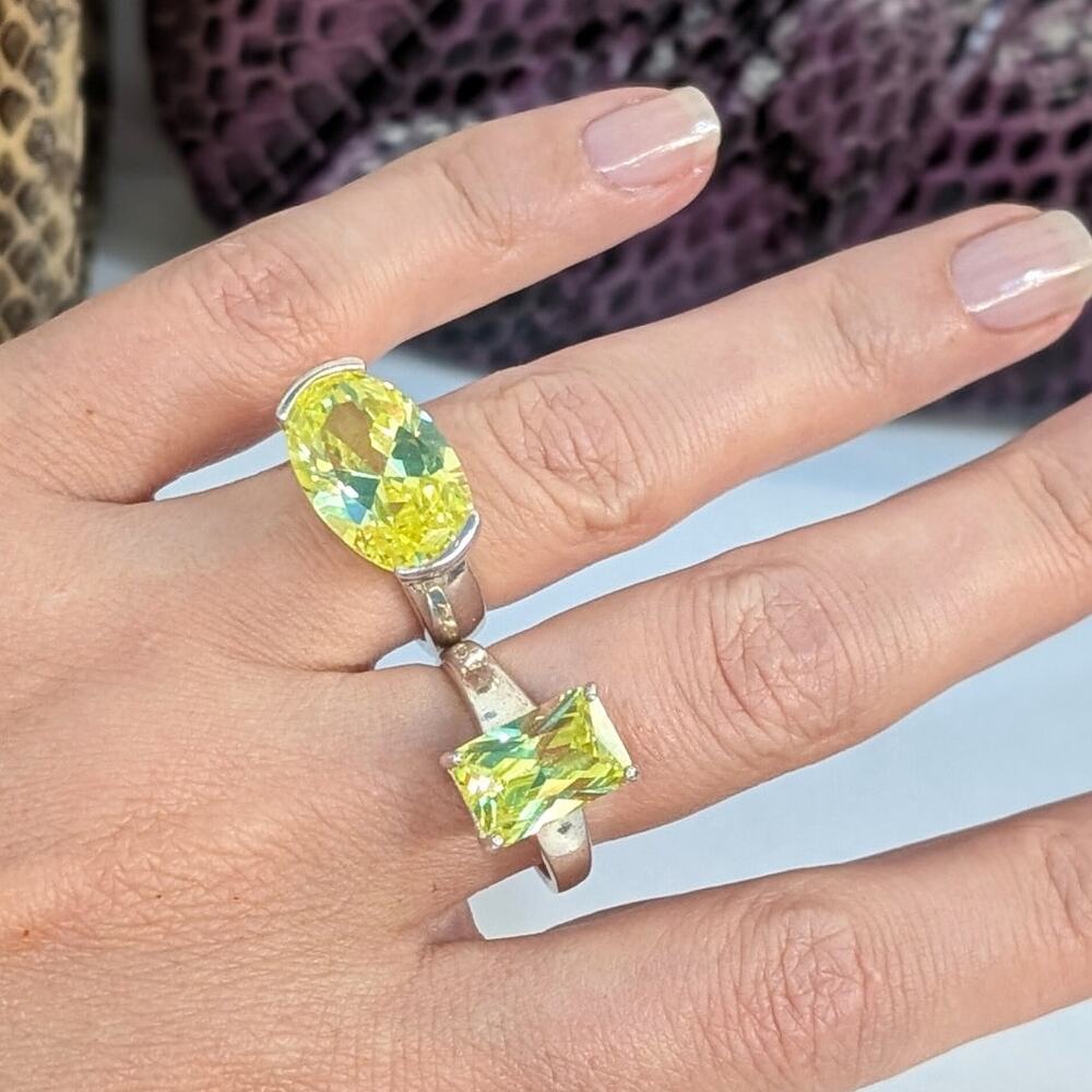 Sterling Silver Man Made Lemon Quartz Rings Set Size 7 & 7.5 Yellow Silver Pair - Picture 2 of 14